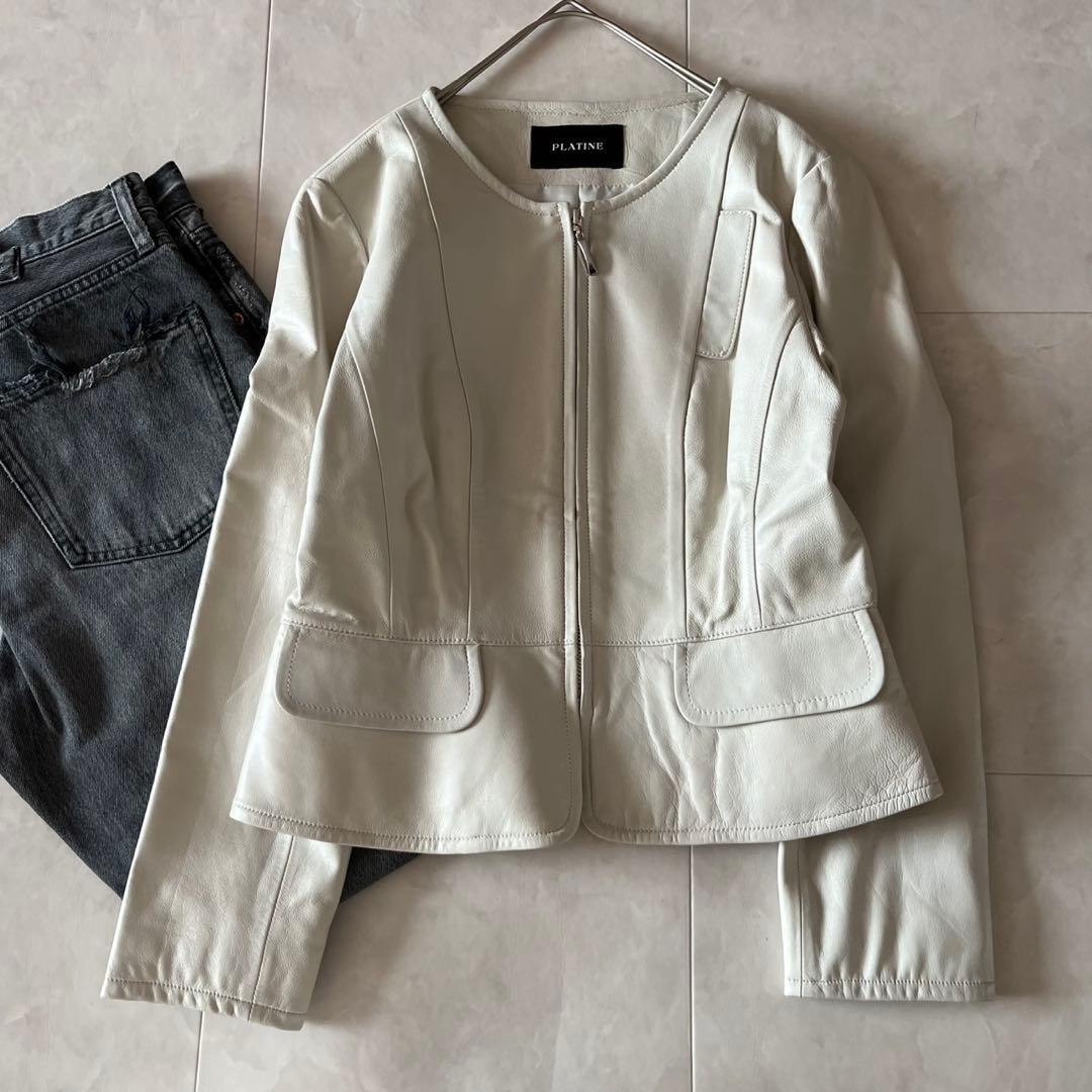 極美品✨PLATINEプラティーヌ ラムレザーノーカラージャケット 本革羊革38