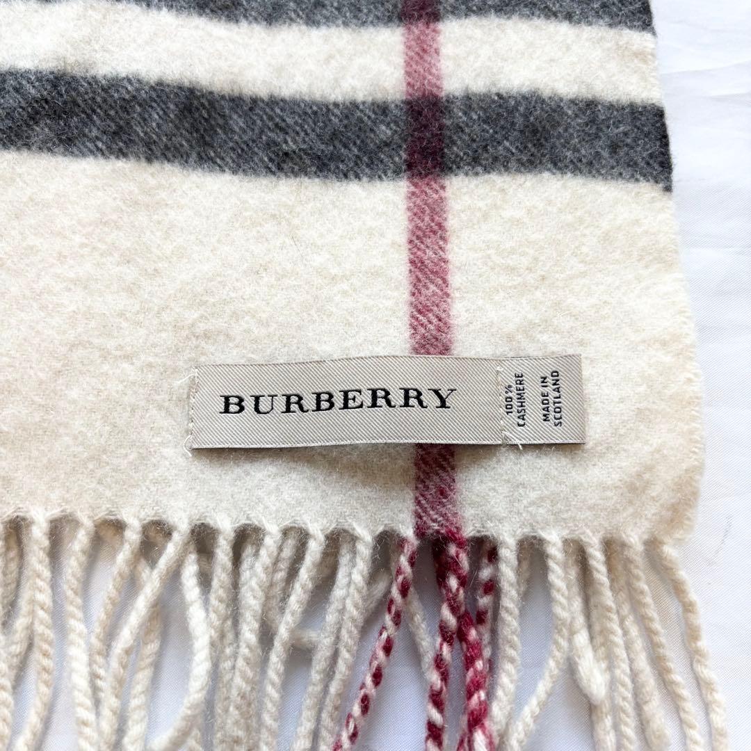 【人気】　バーバリー　カシミヤ100％　マフラー　メガチェック　英製　アイボリー