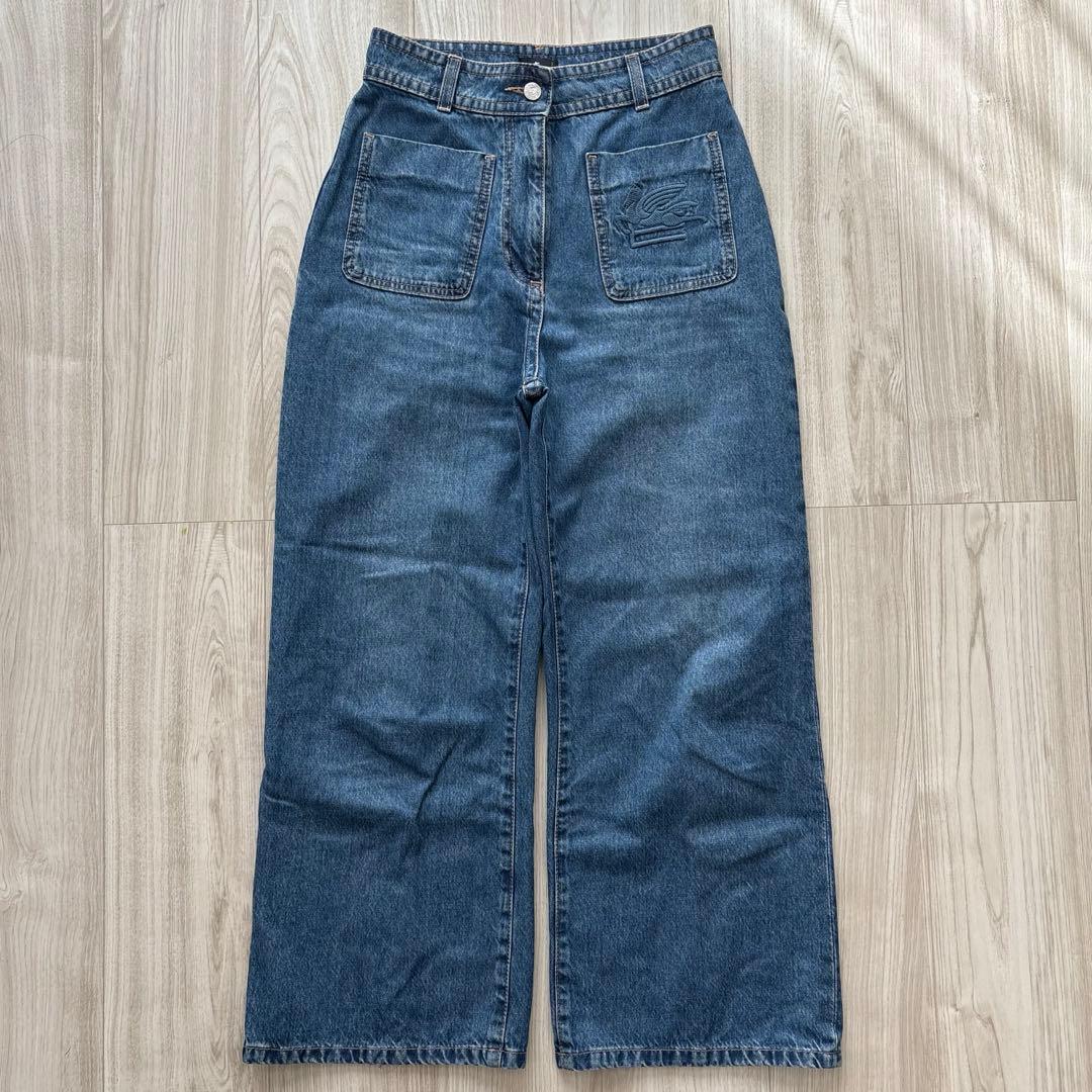 【美品】ETRO 23年製 ワイドデニムパンツ 25inch ロゴ刺繍 革パッチ