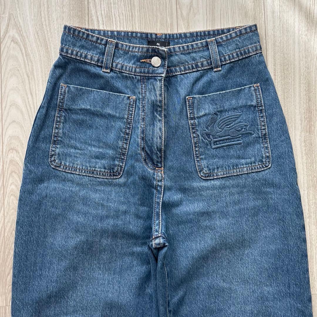 【美品】ETRO 23年製 ワイドデニムパンツ 25inch ロゴ刺繍 革パッチ