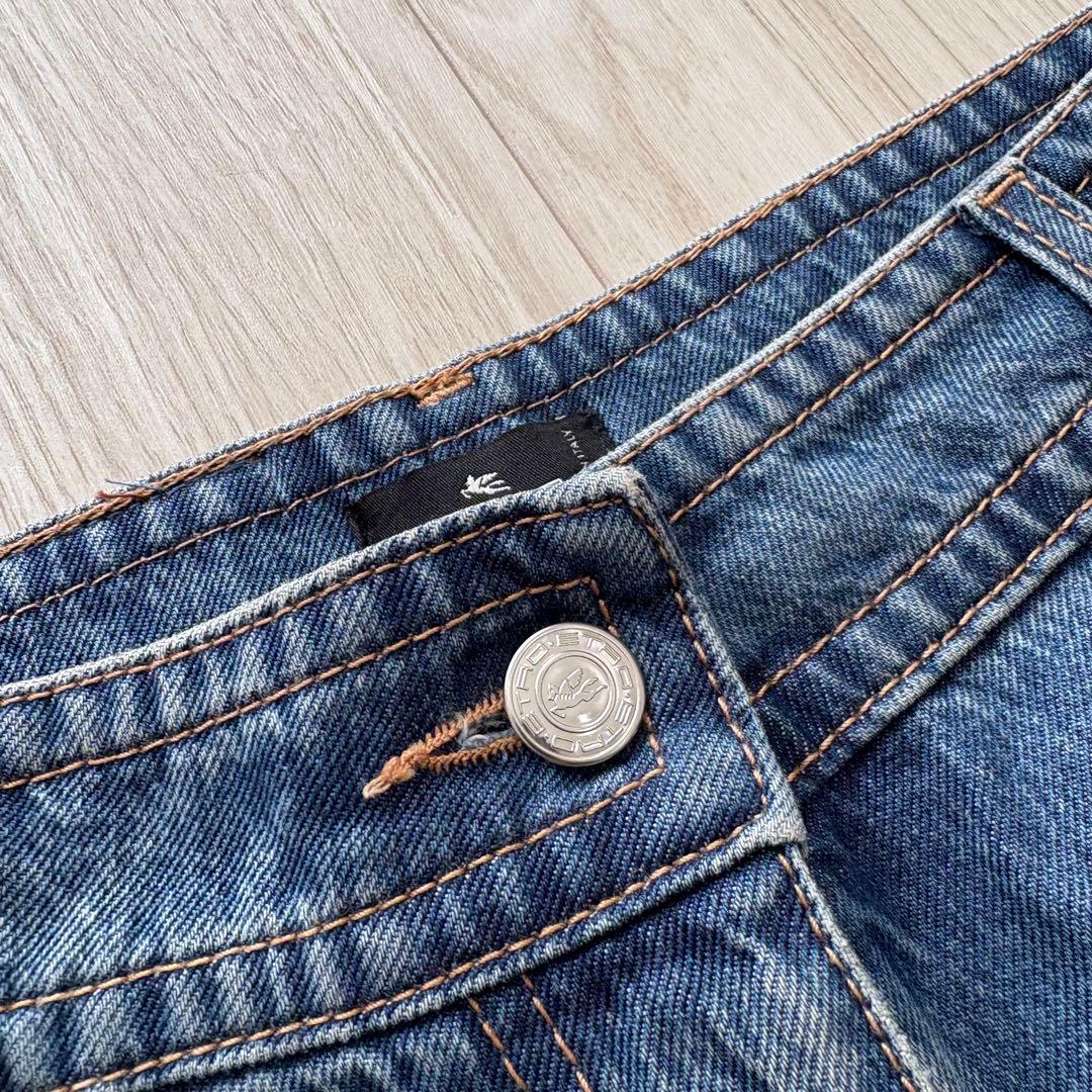 【美品】ETRO 23年製 ワイドデニムパンツ 25inch ロゴ刺繍 革パッチ