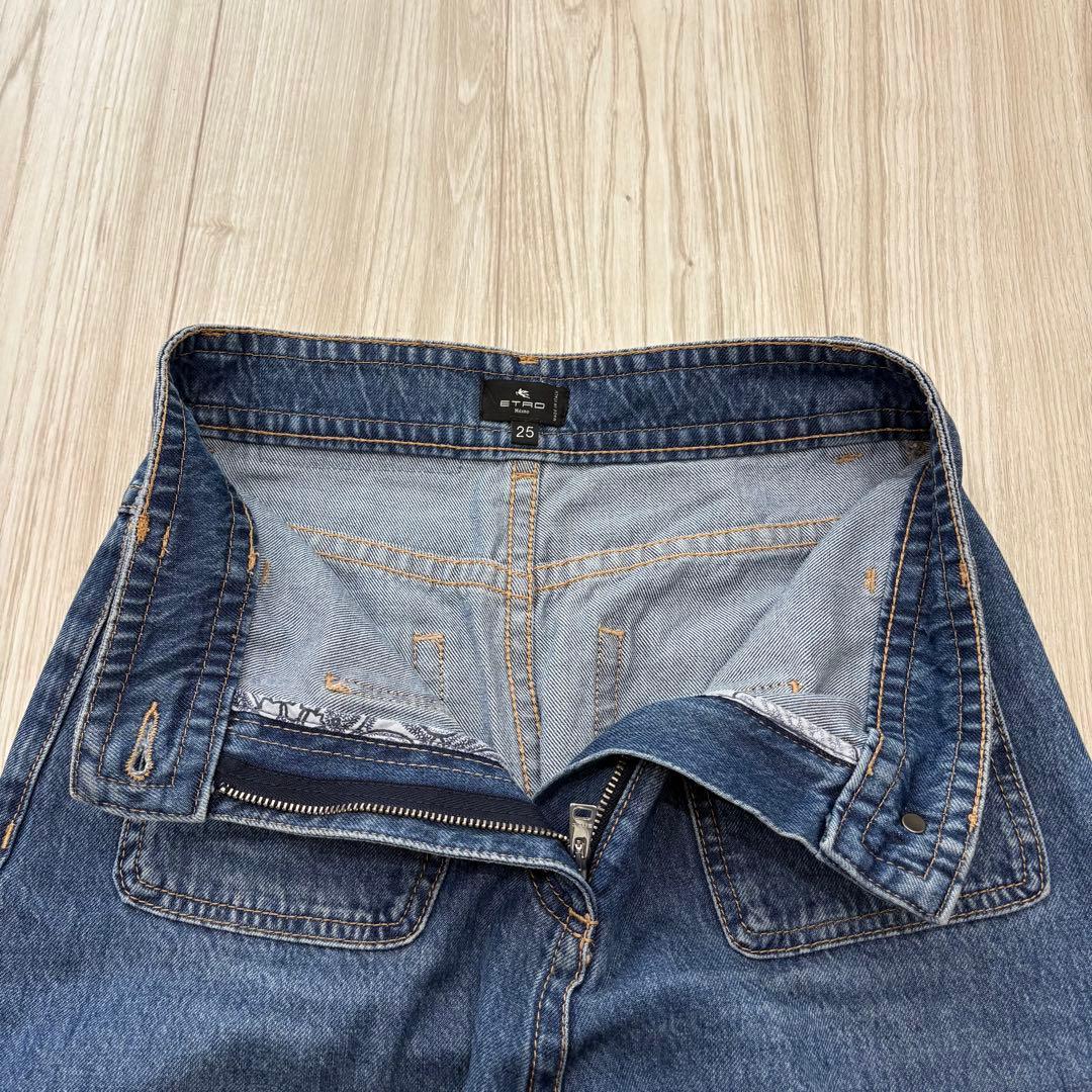 【美品】ETRO 23年製 ワイドデニムパンツ 25inch ロゴ刺繍 革パッチ