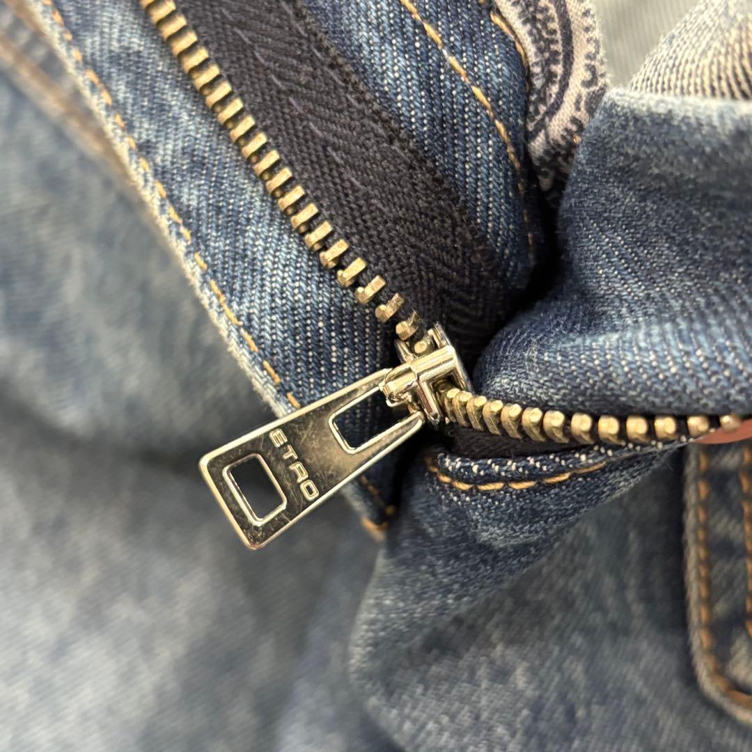 【美品】ETRO 23年製 ワイドデニムパンツ 25inch ロゴ刺繍 革パッチ