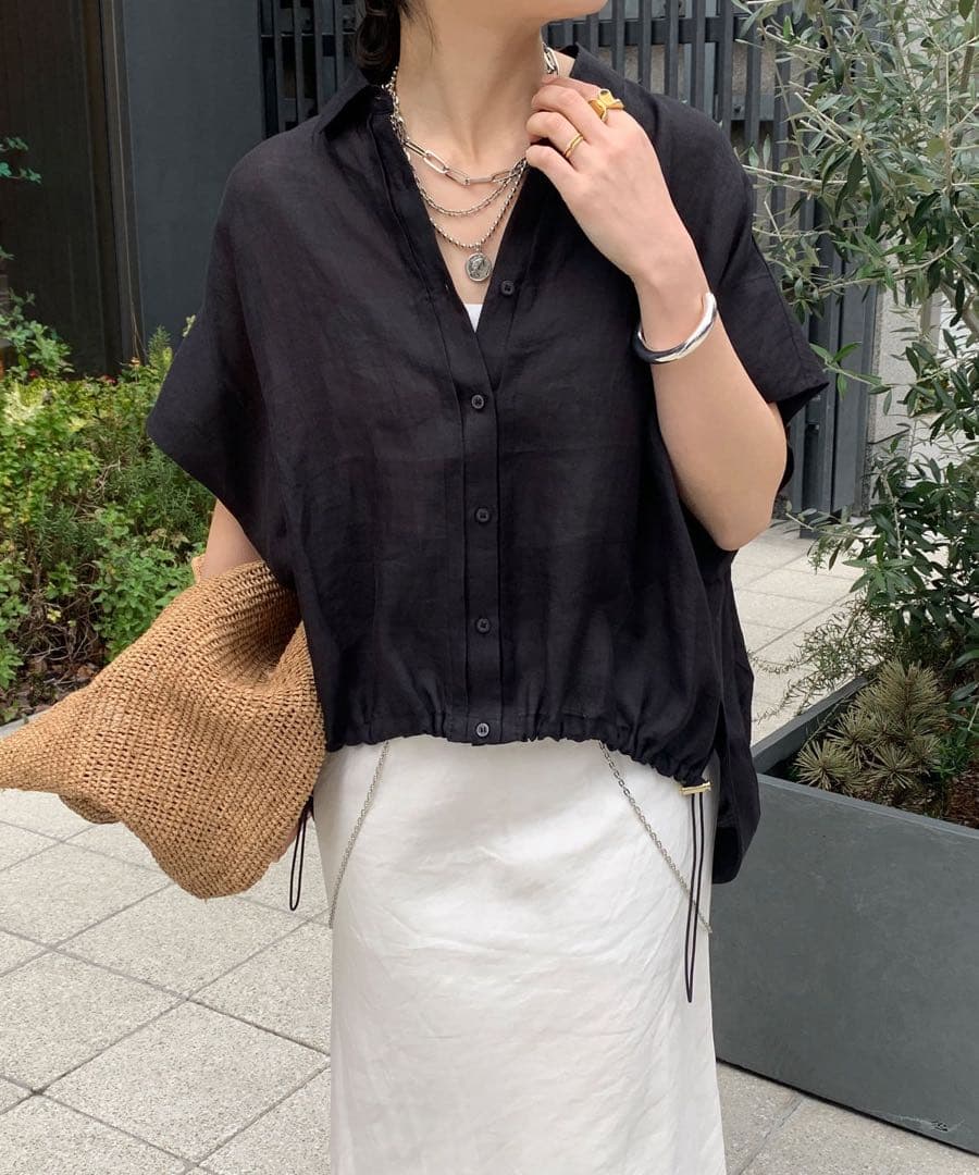 新品 今期 doudou リネンドロストフレンチシャツ シアー ブラック