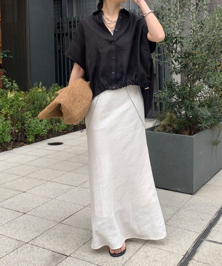 新品 今期 doudou リネンドロストフレンチシャツ シアー ブラック