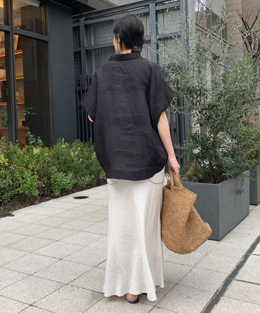 新品 今期 doudou リネンドロストフレンチシャツ シアー ブラック