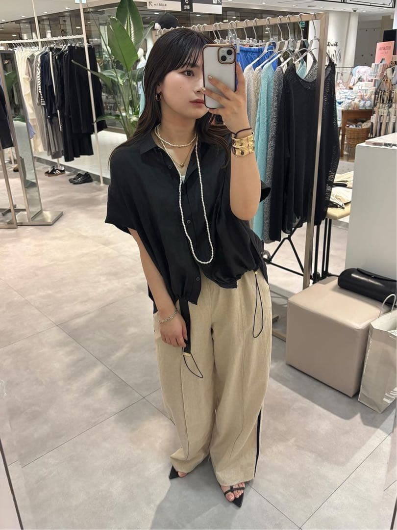 新品 今期 doudou リネンドロストフレンチシャツ シアー ブラック