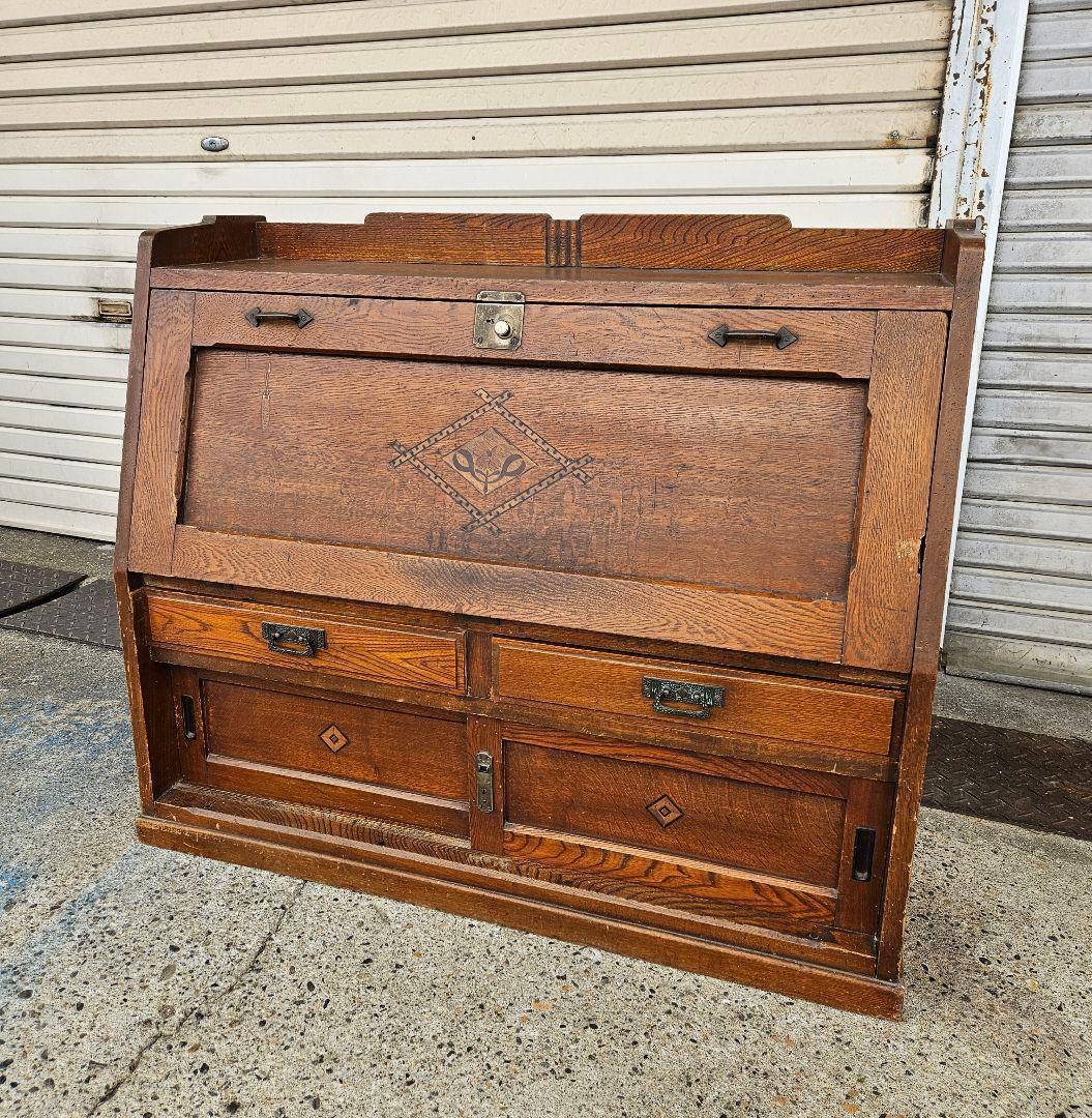 日本のアンティーク 古いライティングビューロー 帳場机 収納棚 明治 大正時代