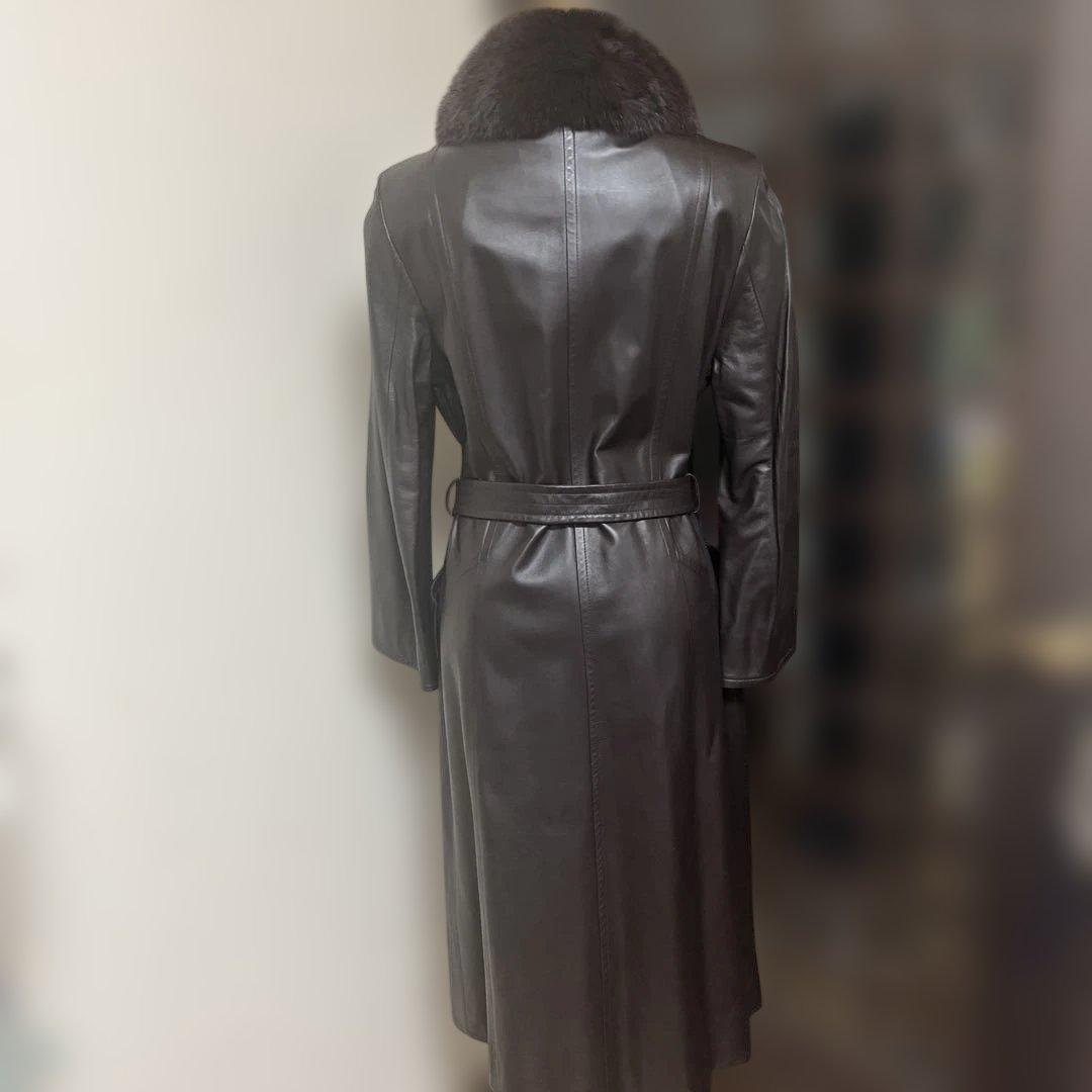 【美品】バルマンレザー ロングコート ファー襟（取り外し可能）付き
