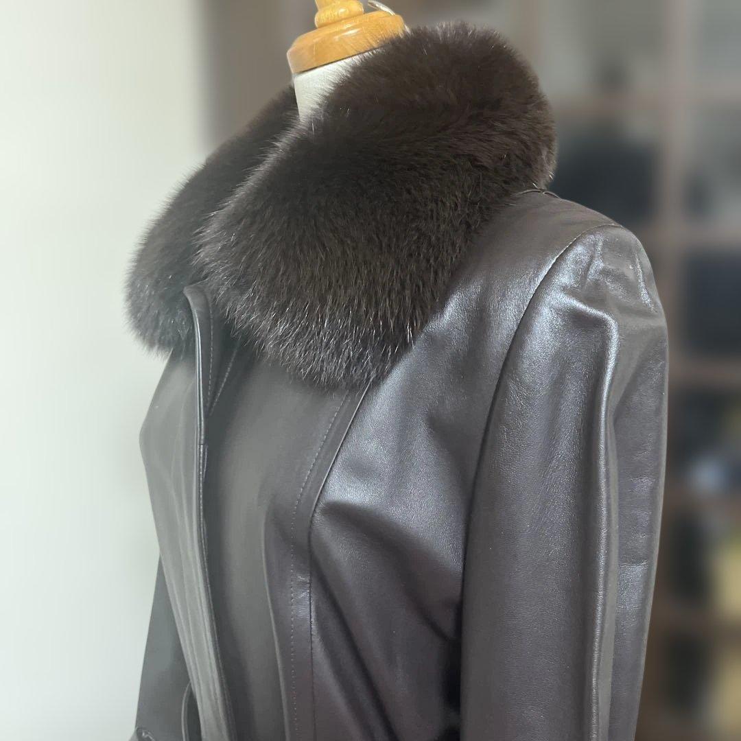 【美品】バルマンレザー ロングコート ファー襟（取り外し可能）付き