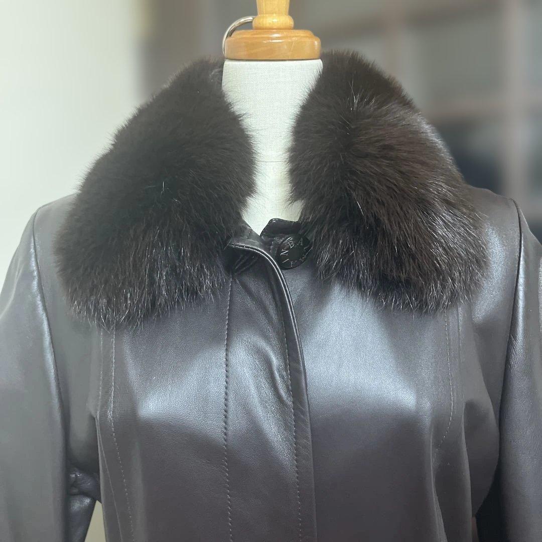 【美品】バルマンレザー ロングコート ファー襟（取り外し可能）付き