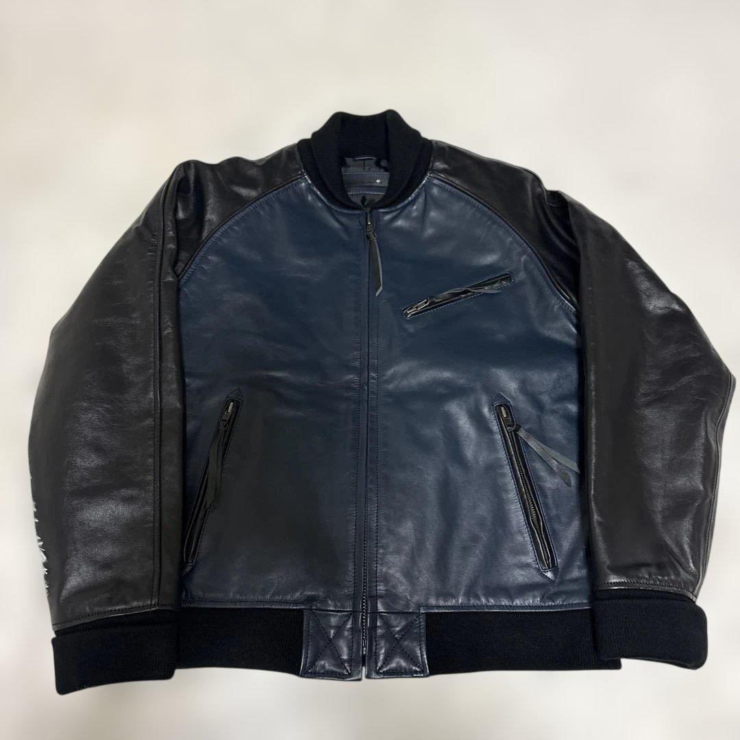 レザーシングルライダースジャケット ネイビー/ブラック　Lサイズ