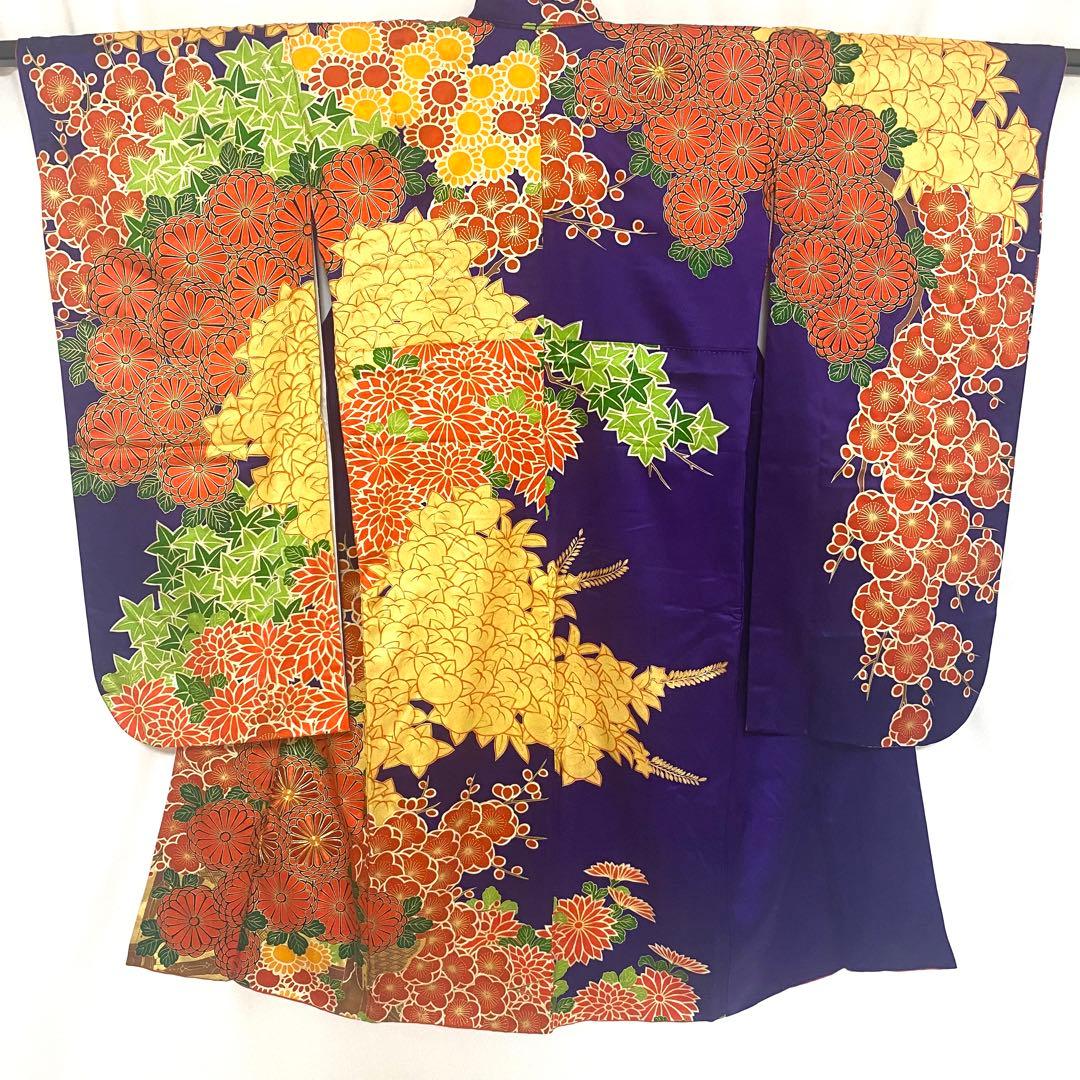 5k775 振袖　正絹　袷　子供用　金駒刺繍　紫　赤　金色　緑　花柄　和装　着物