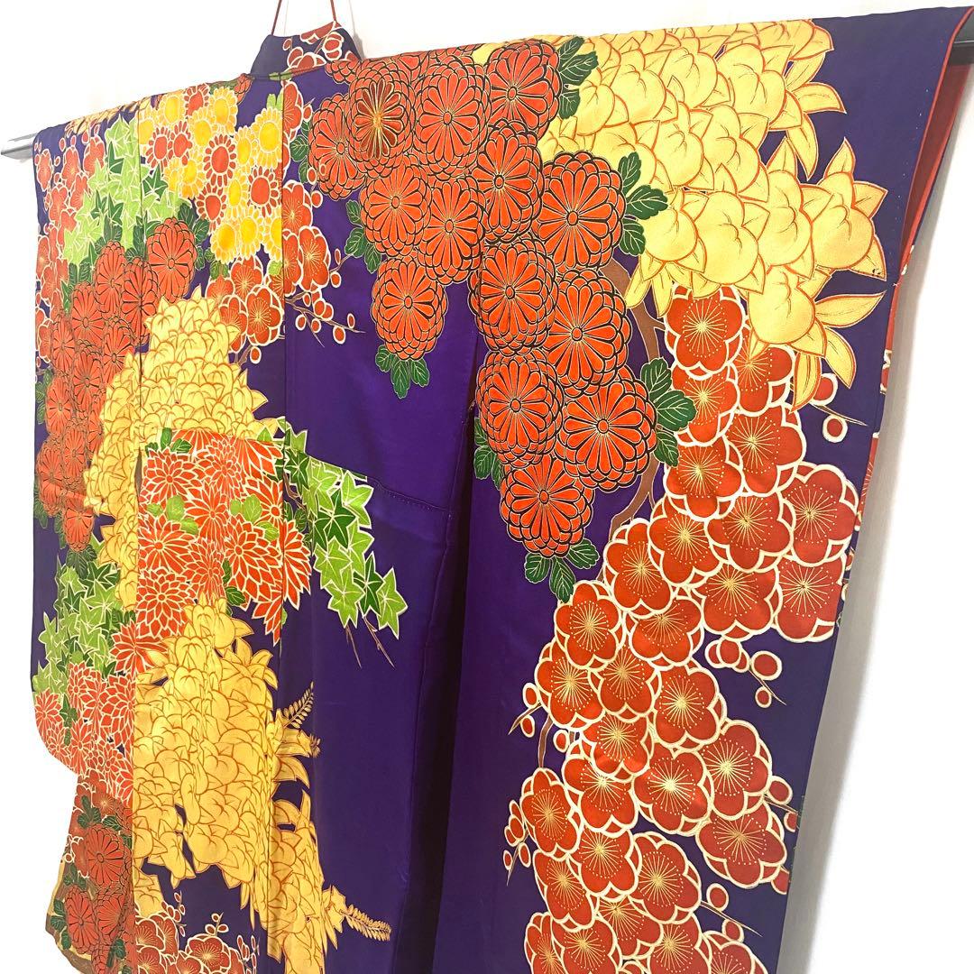 5k775 振袖　正絹　袷　子供用　金駒刺繍　紫　赤　金色　緑　花柄　和装　着物