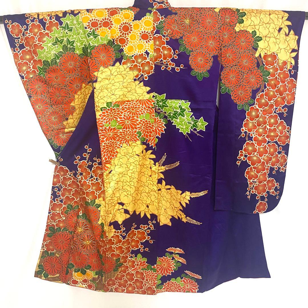 5k775 振袖　正絹　袷　子供用　金駒刺繍　紫　赤　金色　緑　花柄　和装　着物