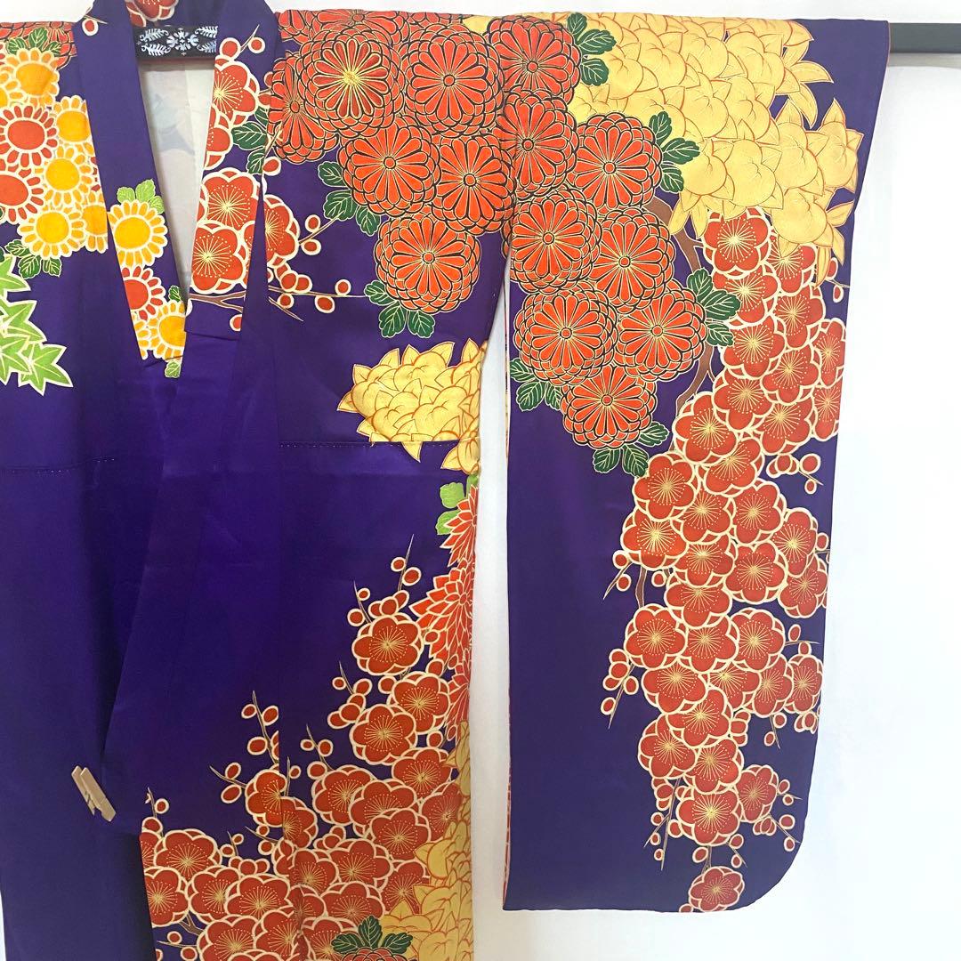 5k775 振袖　正絹　袷　子供用　金駒刺繍　紫　赤　金色　緑　花柄　和装　着物