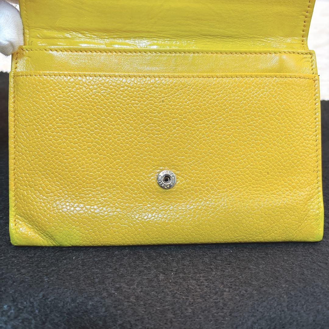 【シャネル】キャビアスキン 二つ折り 財布 チェーンウォレット イエロー 正規品