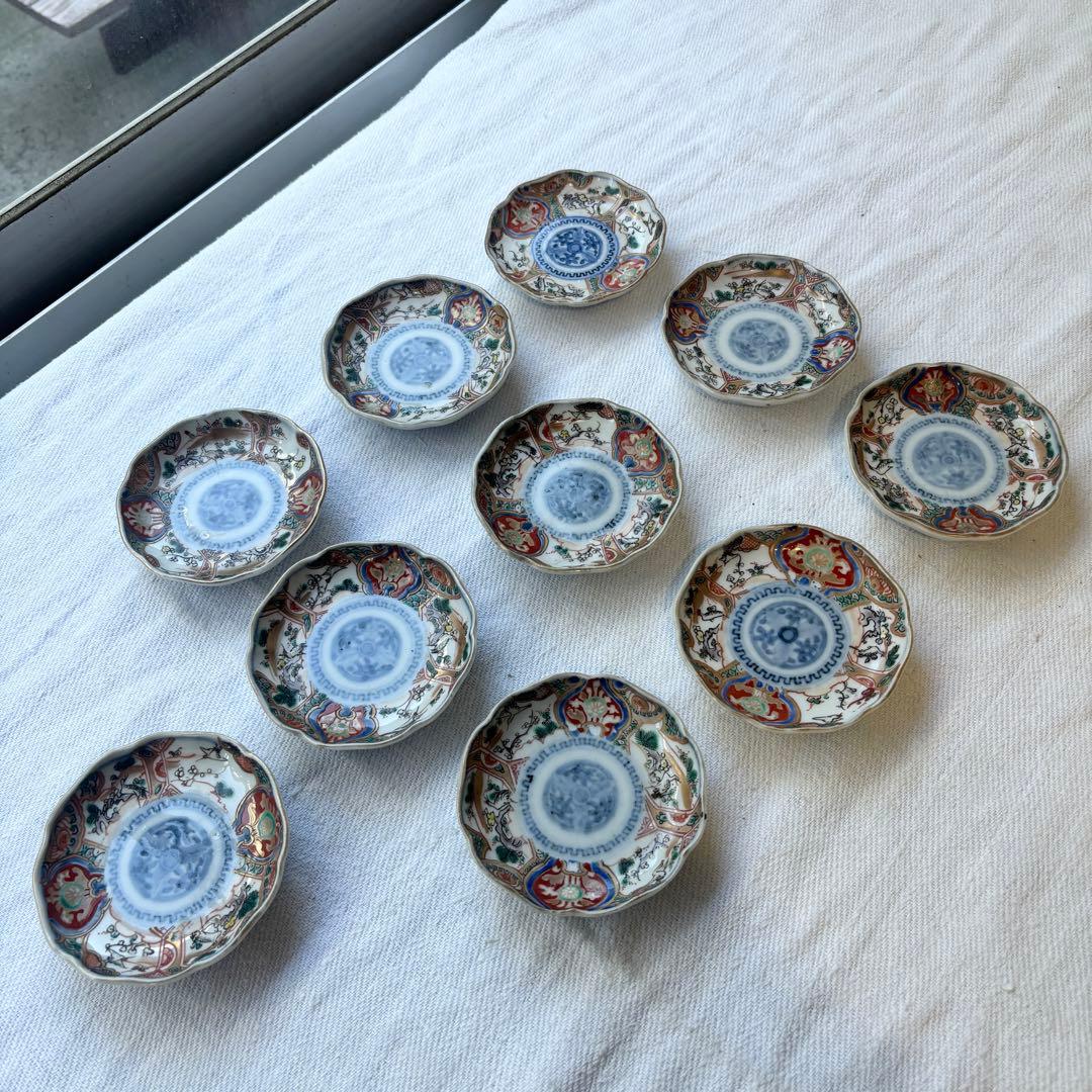 時代伊万里　鶴松金彩の吉祥デザイン豆皿5客（骨董古陶磁古美術古伊万里