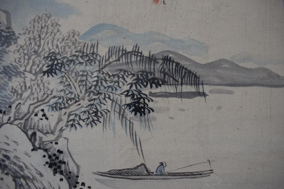 【真作】福田半香/秋湖独釣図/秋景山水図/横物/掛軸☆宝船☆Y-906　JM