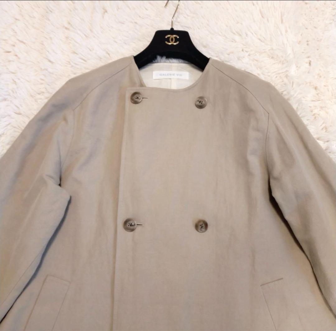 ギャルリーヴィ　コットンリネンツイル ノーカラーコート　36　ベージュ