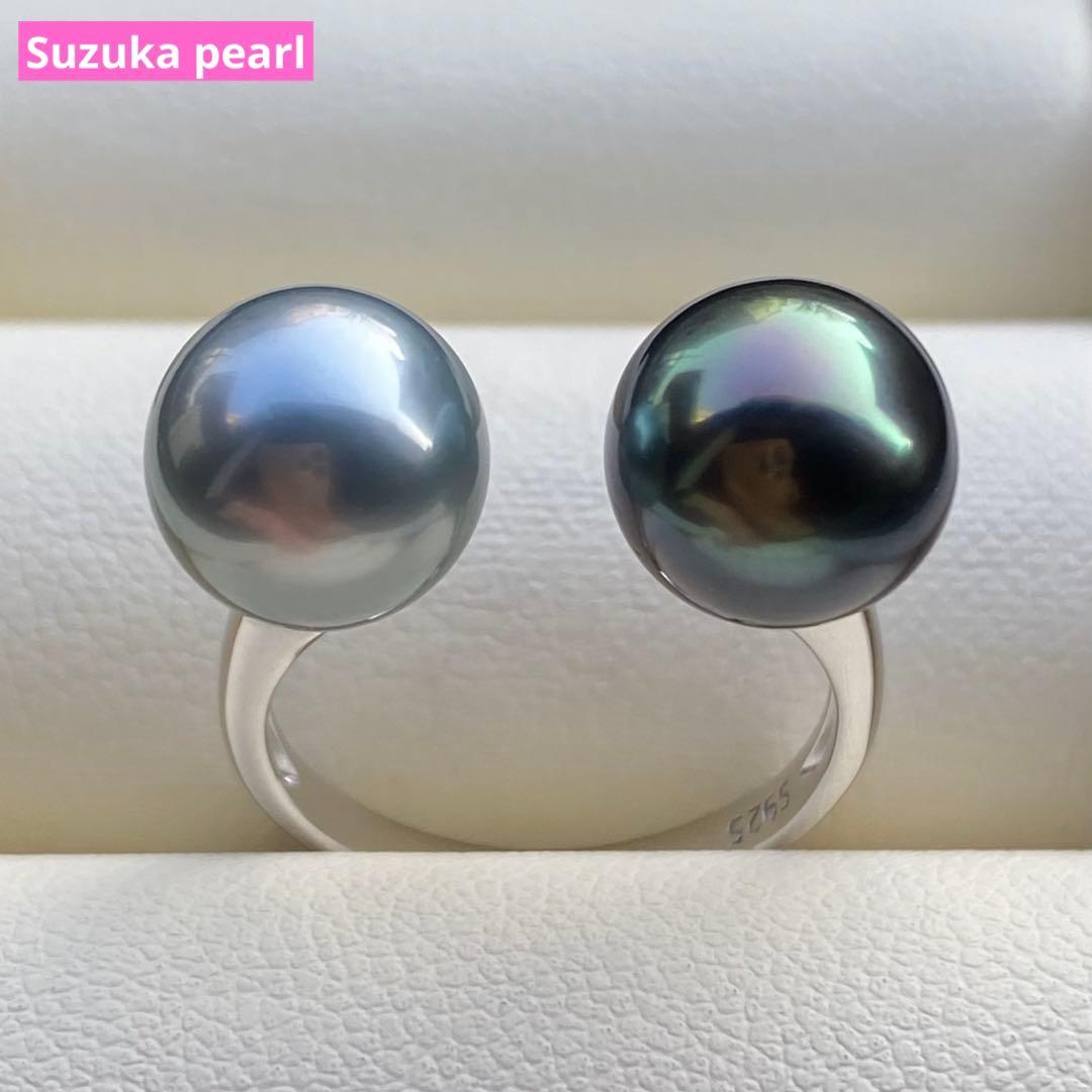 本真珠　南洋黒蝶真珠ダブルリング　9.3&9.1mmピーコックグリーンL1264