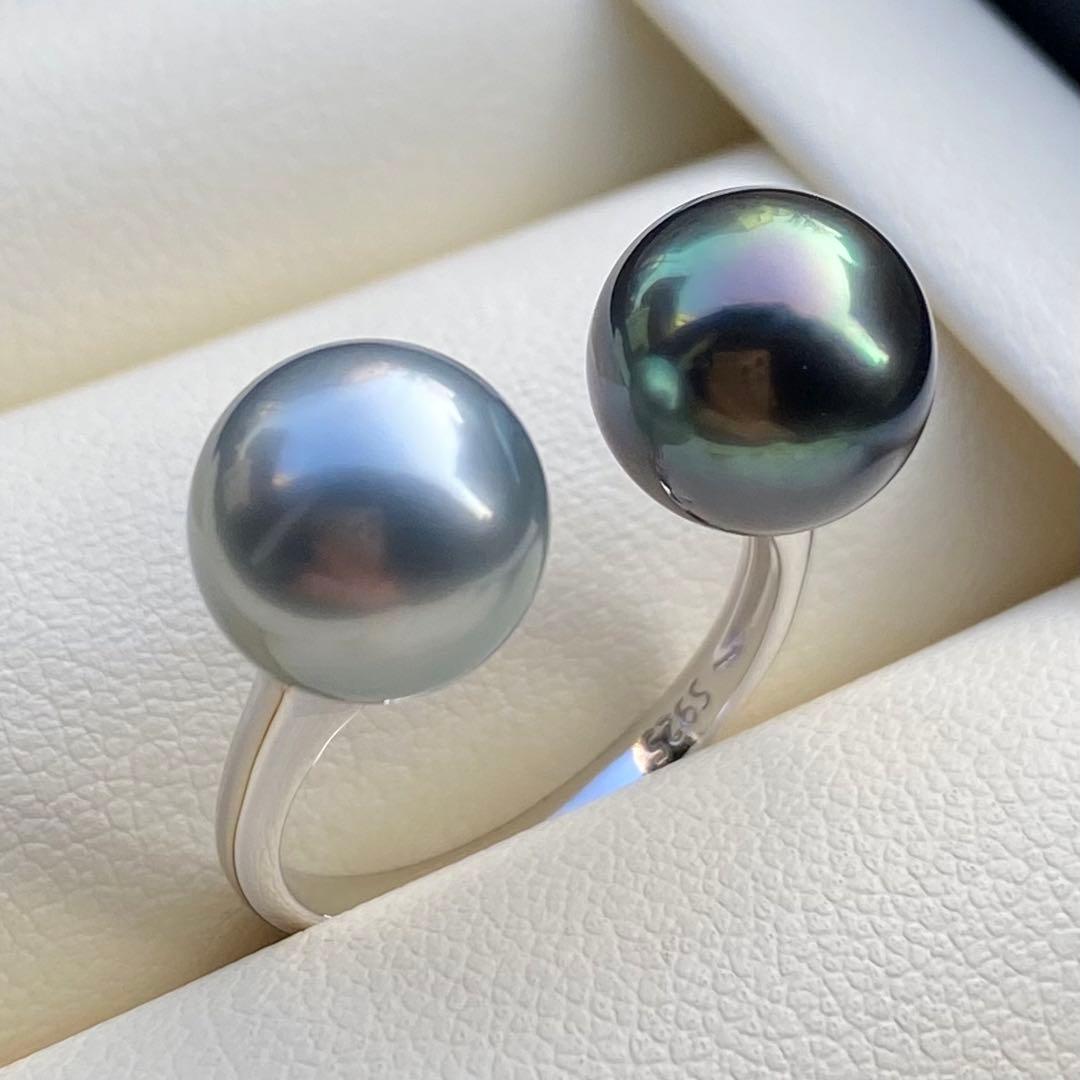 本真珠　南洋黒蝶真珠ダブルリング　9.3&9.1mmピーコックグリーンL1264