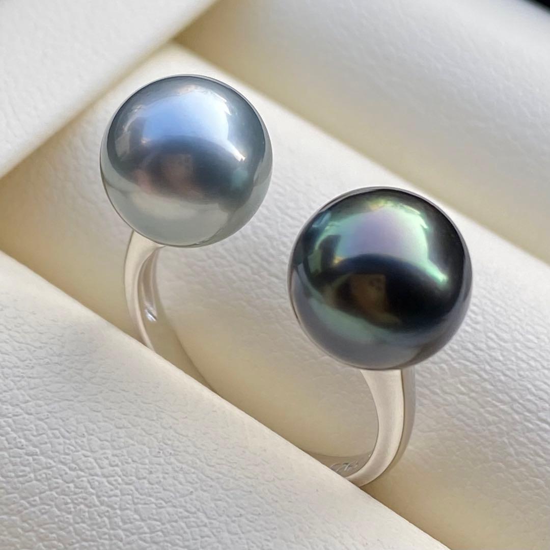 本真珠　南洋黒蝶真珠ダブルリング　9.3&9.1mmピーコックグリーンL1264