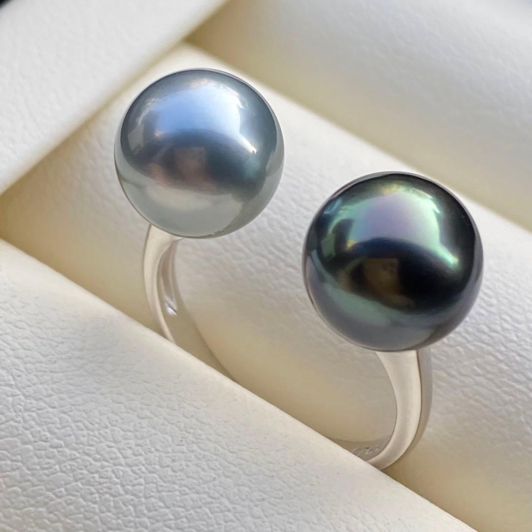 本真珠　南洋黒蝶真珠ダブルリング　9.3&9.1mmピーコックグリーンL1264