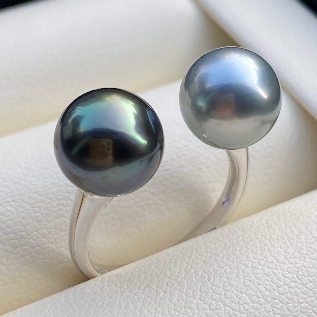 本真珠　南洋黒蝶真珠ダブルリング　9.3&9.1mmピーコックグリーンL1264