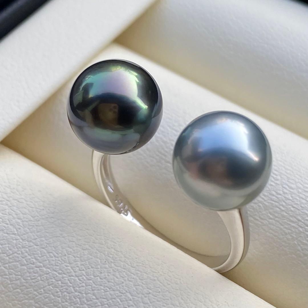 本真珠　南洋黒蝶真珠ダブルリング　9.3&9.1mmピーコックグリーンL1264