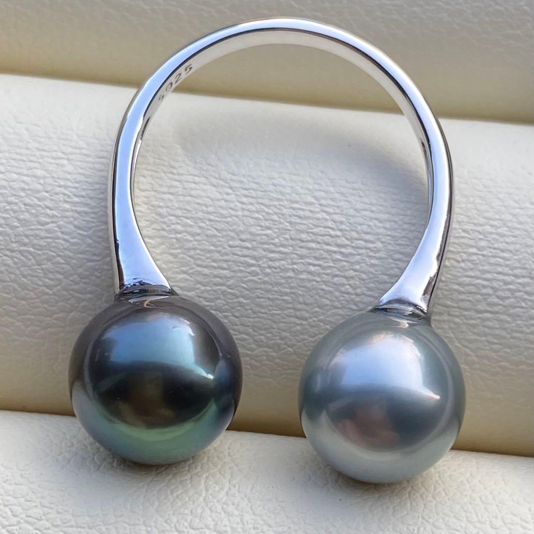 本真珠　南洋黒蝶真珠ダブルリング　9.3&9.1mmピーコックグリーンL1264