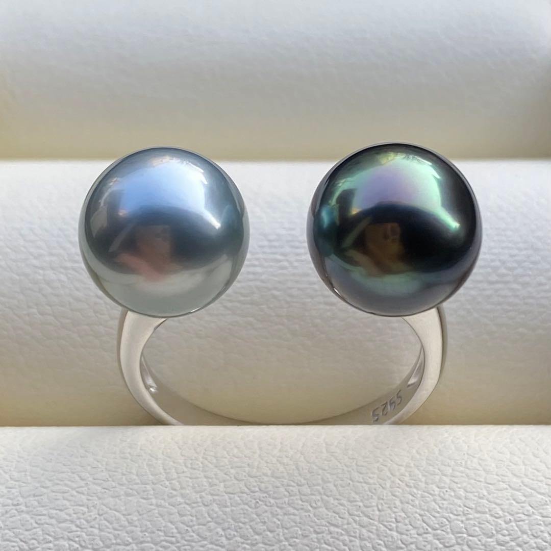 本真珠　南洋黒蝶真珠ダブルリング　9.3&9.1mmピーコックグリーンL1264