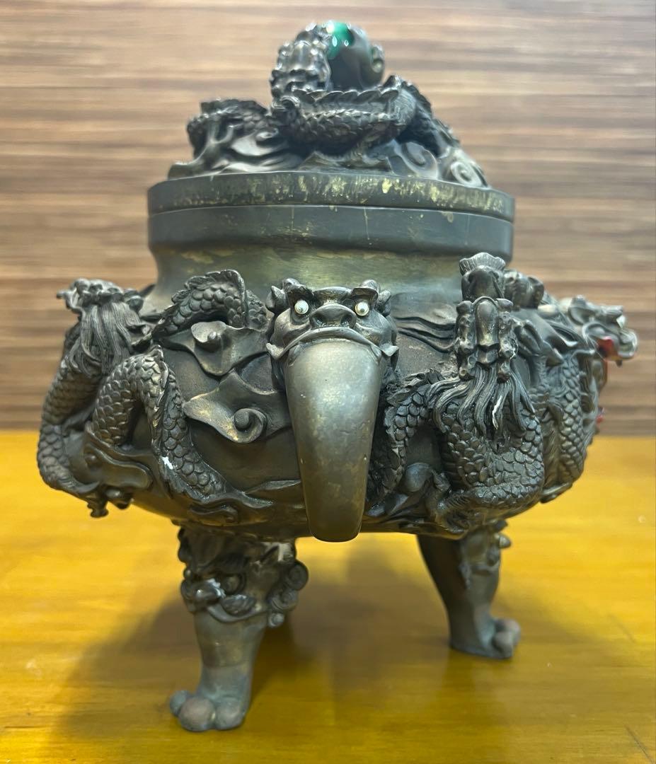 大明宣徳年製　龍香炉　三足　翡翠玉　香道具　中国