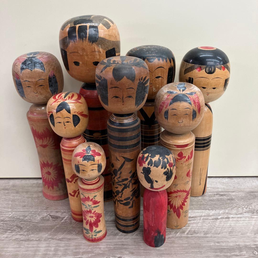 D-3 昭和レトロ 木製 こけし 小芥子 9体セット まとめ売り 日本人形