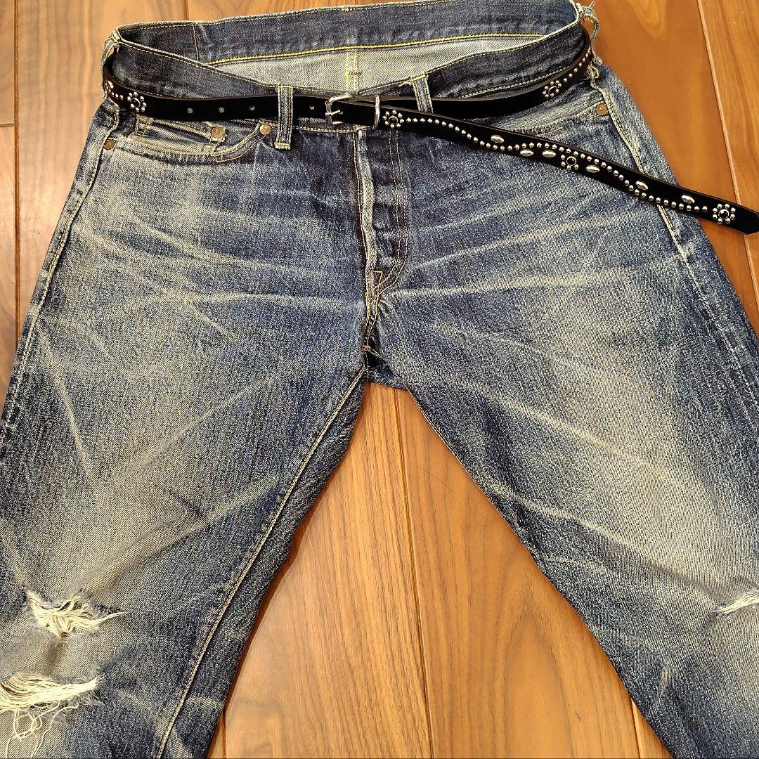 フラワー黒金■本革レザーフルスタッズナローベルト☆アメカジ古着ヴィンテージ