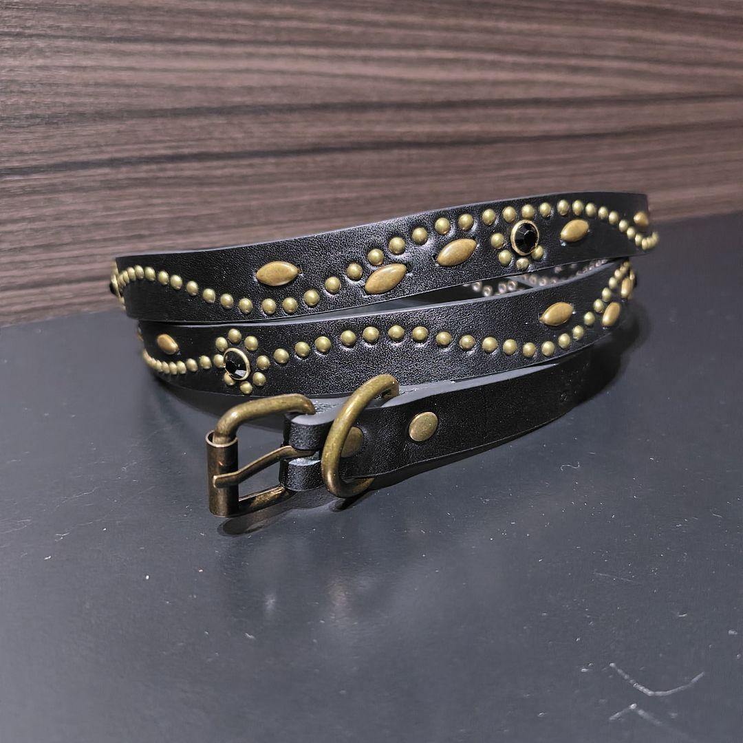 フラワー黒金■本革レザーフルスタッズナローベルト☆アメカジ古着ヴィンテージ