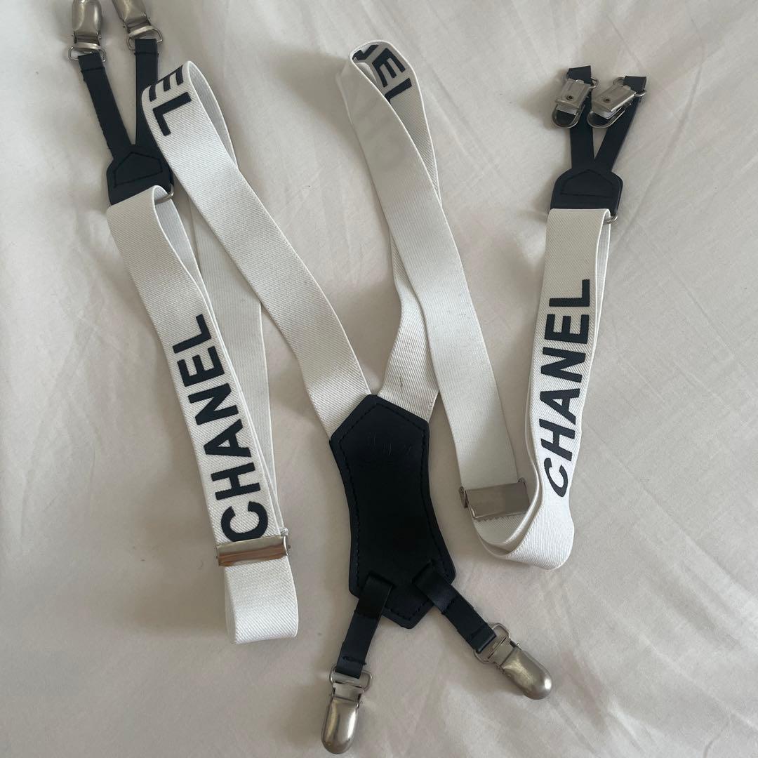 [美品] CHANEL ロゴ サスペンダー ホワイト/ブラック