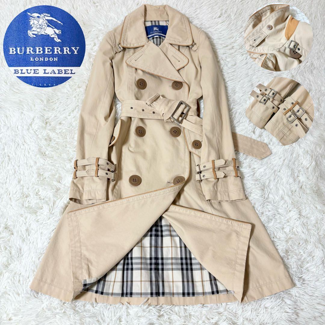 バーバリーブルーレーベル ノバチェック裏地付き トレンチコート ベージュ 牛革