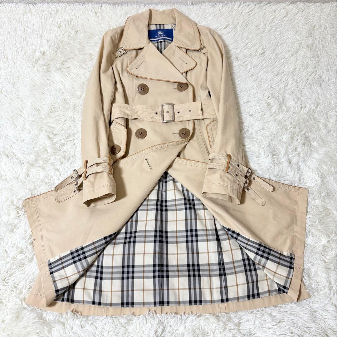 バーバリーブルーレーベル ノバチェック裏地付き トレンチコート ベージュ 牛革