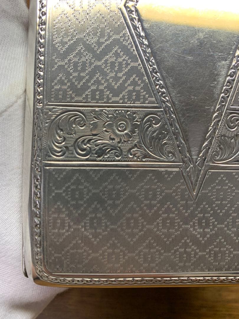大野銀器製 純銀煙草ケース プラチナ装飾 木箱付