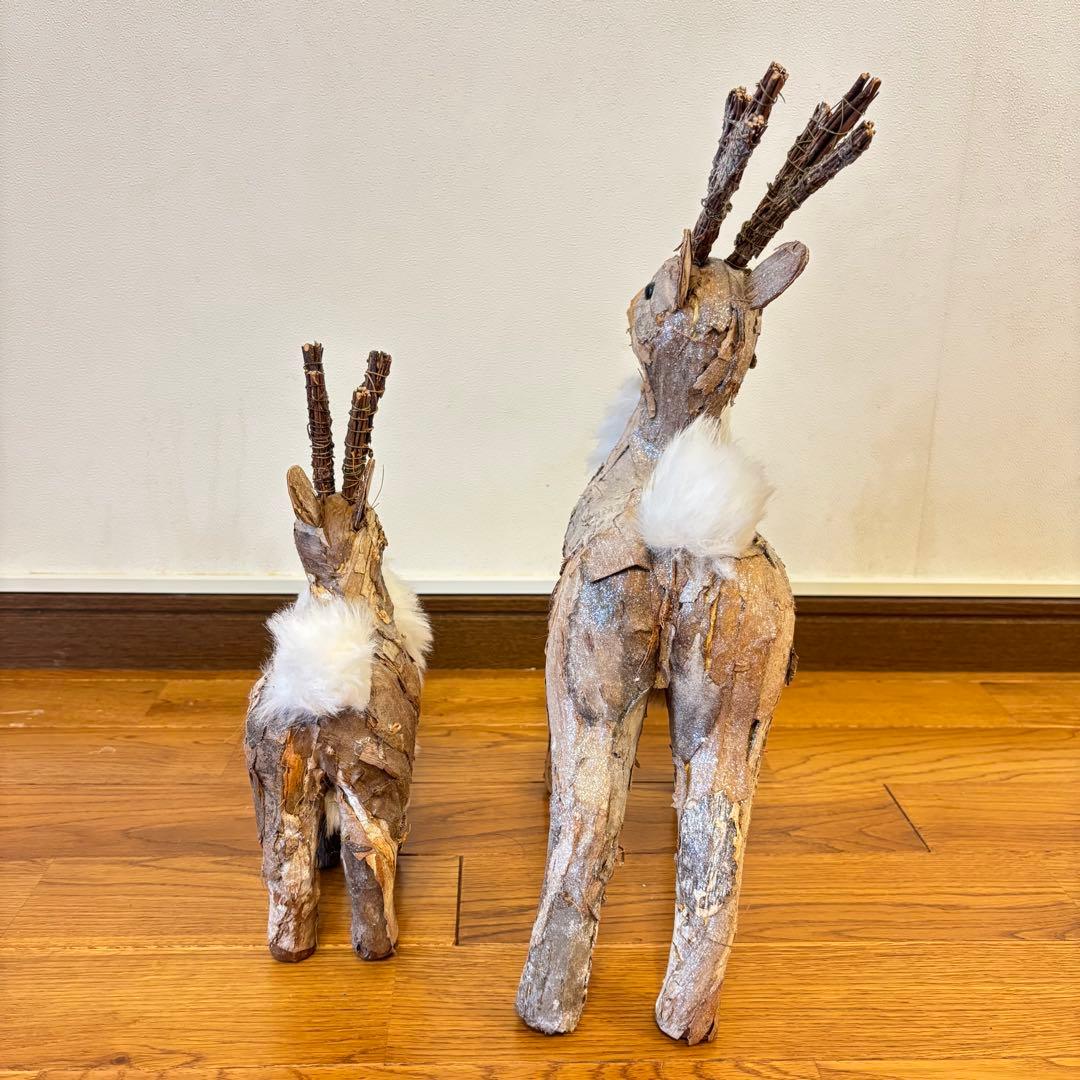 木製　木彫り　トナカイ　鹿　置物　セット　大小2体　クリスマス