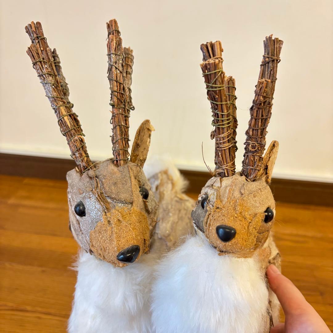 木製　木彫り　トナカイ　鹿　置物　セット　大小2体　クリスマス