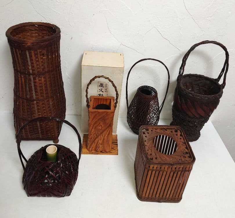 【6点】木製花器 竹細工 一輪挿し 工芸 茶道具フラワースタンド 古道具 カゴ