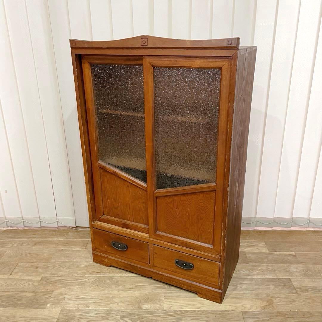 当時物　昭和レトロ　本棚　ガラス棚　ダイヤガラス　木製　アンティーク　無垢