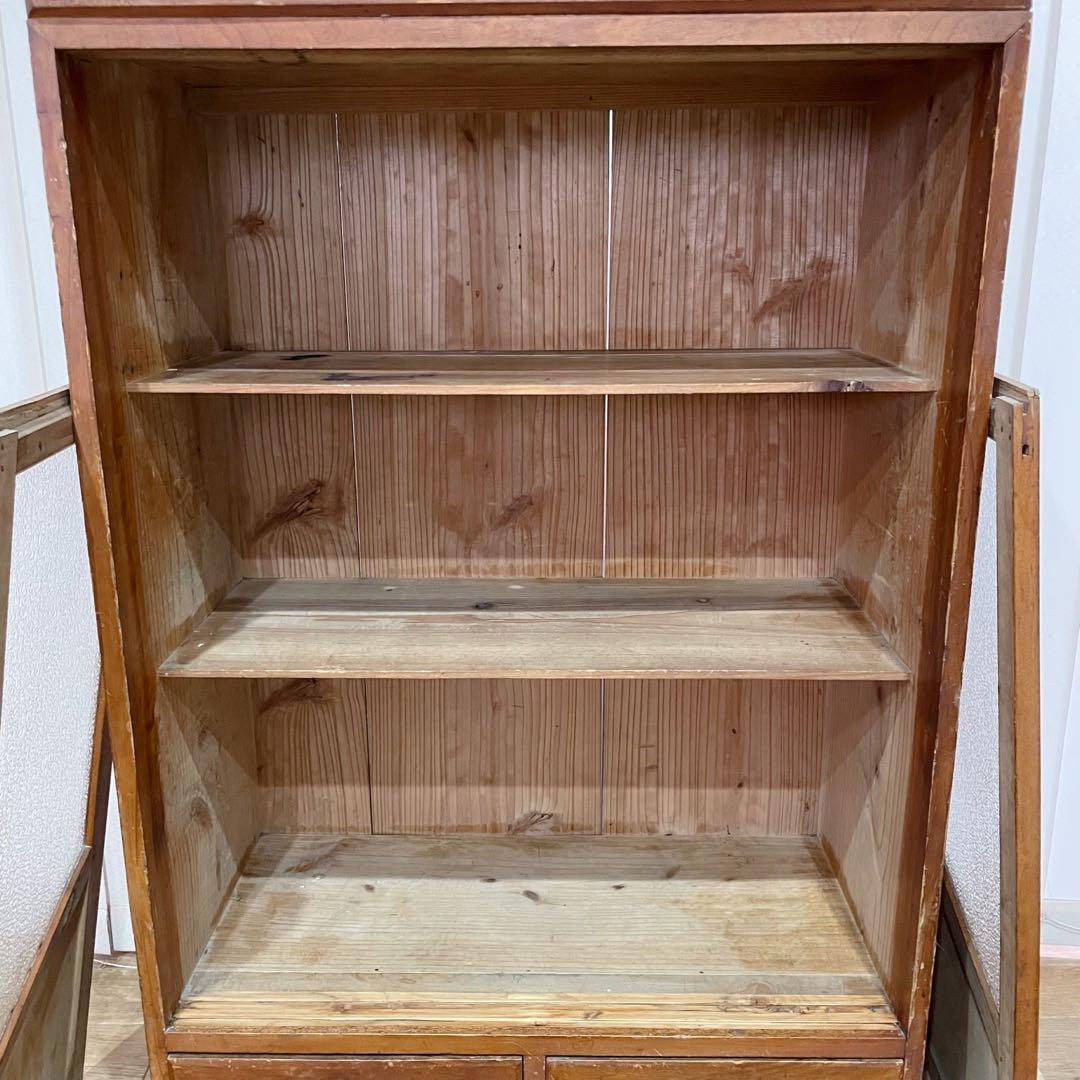 当時物　昭和レトロ　本棚　ガラス棚　ダイヤガラス　木製　アンティーク　無垢