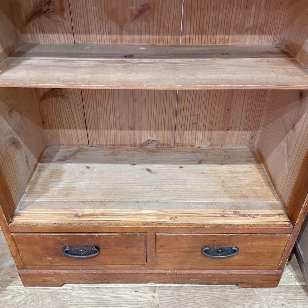 当時物　昭和レトロ　本棚　ガラス棚　ダイヤガラス　木製　アンティーク　無垢