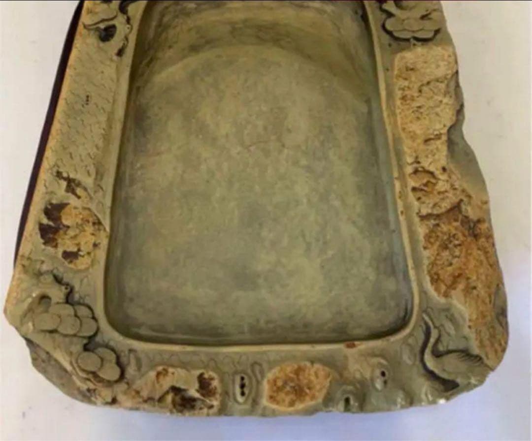 [極上珍品]房具 中国　清時代　古美術　硯紫檀蓋付き 松鶴綠端溪文房具