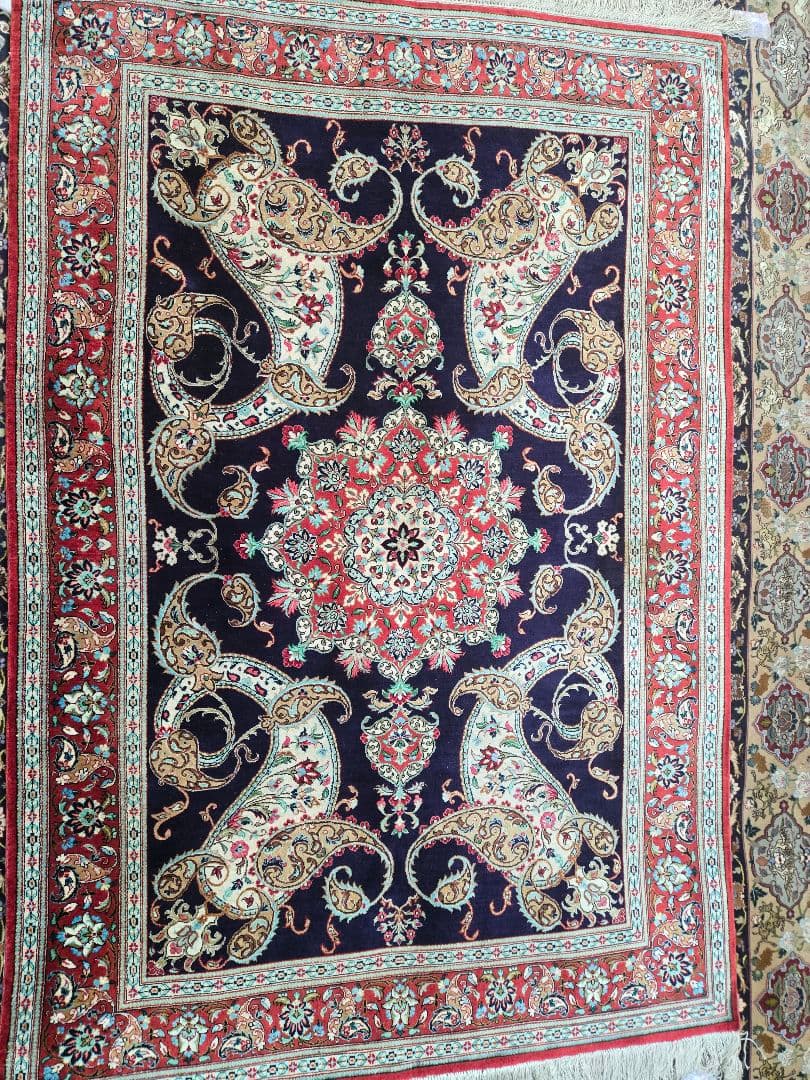ペルシャ絨毯クム産100%シルク手織り ネイビー 赤155cm×104cm