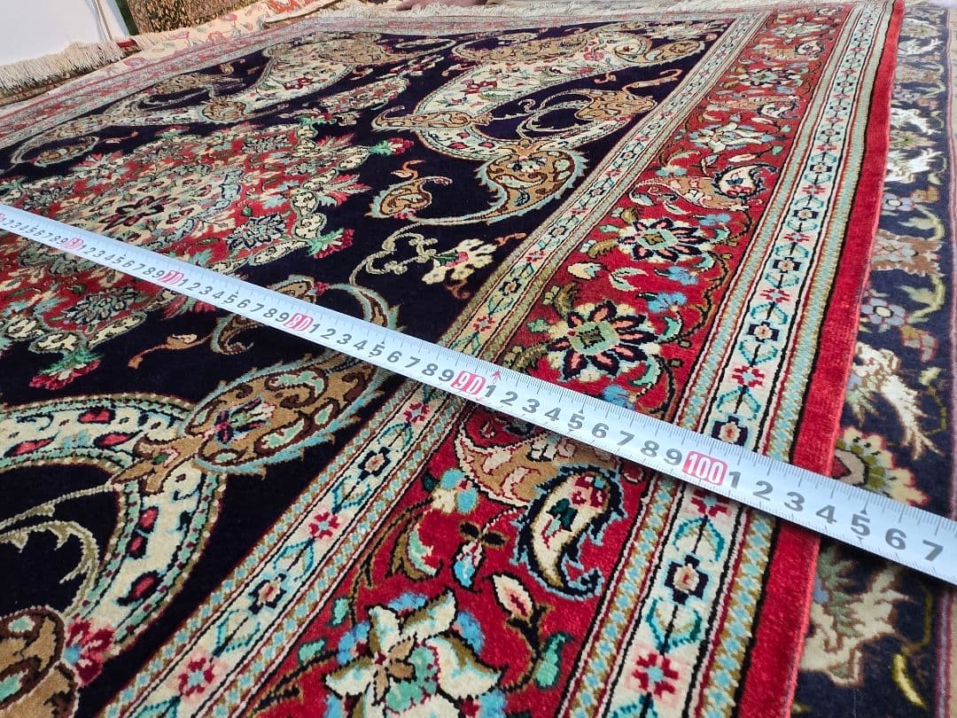 ペルシャ絨毯クム産100%シルク手織り ネイビー 赤155cm×104cm
