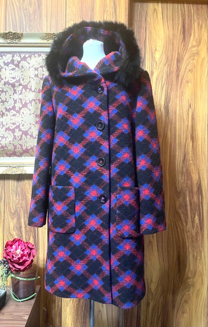 バルマン　定価約7万　チェック柄　フード付きロングコート未使用♡
